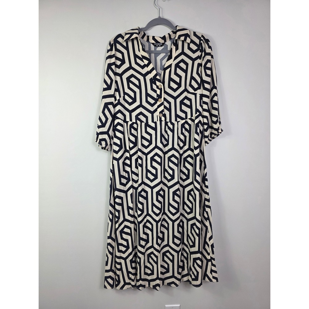 BloomChic Geometric Print Tiered Midi Dress Size US 10 Navy Cream Pockets